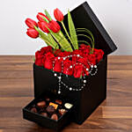 Stylish Box Of Chocolates and Red Flowers