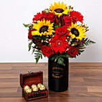 Sunlower and Roses With Chocolates