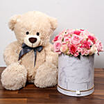 Stylish Box Of Pink Roses With Chocolates and Teddy