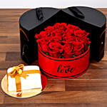 Stylish Box Of Red Roses and Mono Cake