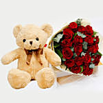 Adorable Brown Teddy Bear and Red Roses Bouquet