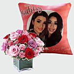 Personalised Birthday Cushion and Roses Arrangement