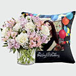 Personalised Cushion and Flowers Arrangement