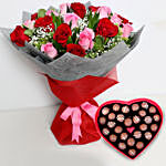 Pink and Red Roses Bouquet with Heartshaped Chocolates