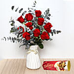 Red Roses in Ceramic Vase and Toblerone Chocolates