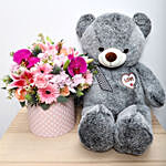 Grey Teddy N Flower Arrangement