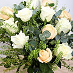 White N Peach Roses in Glass Vase