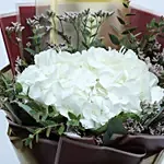 باقة من زهور الهدرانج البيضاء بغلاف بني وبيج