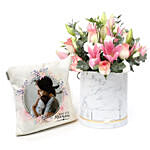 Lilies In a Box With Personalised Cushion