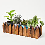 Set Of 4 Plants In Miniature Wooden Fence Planter