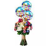 Mixed Flower Bunch With Birthday Balloons