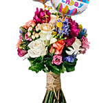 Mixed Flower Bunch With Birthday Balloons