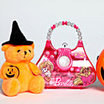 Pumpkin Raffello Basket With Teddy and Barbie Candy Bag
