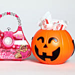 Pumpkin Raffello Basket With Teddy and Barbie Candy Bag