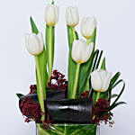 White Tulips N Red Skimmia In Glass Vase