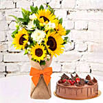 1 Kg Fudge Cake With Sunflowers Bouquet