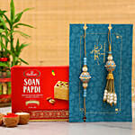 Blue Orb Pearl And Lumba Rakhi Set With Soan Papdi