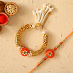 Orange Pearl And Lumba Rakhi Set With 3 Pcs Ferrero Rocher