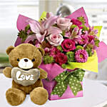 Mixed Flower Arrangement and Teddy Combo