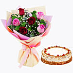 Delightful Roses Bouquet With Butterscotch Cake