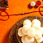Rose Gold Pearl And Beads Rakhi with 1 Kg Rasgulla Tin
