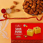 Sneh Gold Mauli Rakhi with 250 Grams Soan papdi and Almonds