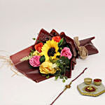 Vibrant Artificial Mixed Flowers Bouquet With Rakhi