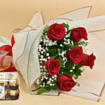 Valentines 6 Roses Bouquet And Chocolates