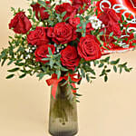 12 Red Roses in Premium Vase And Balloons