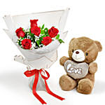Valentine 6 Roses Bouquet With Teddy