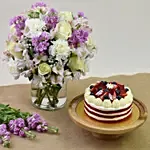 1 Kg Red Velvet Cake With Pink Floral Arrangement