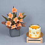 Premium Salmon Parrot Tulips Arrangement with Cake