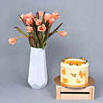 Premium Salmon Parrot Tulip With Scrumptious Cake