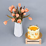 Premium Salmon Parrot Tulip With Scrumptious Cake