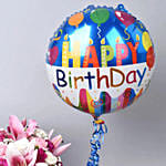 Personalised vase with floral arrangement With Cake & Balloon