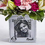 Personalised vase with floral arrangement With Cake