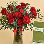 12 Red Roses in Premium Vase And Chocolates