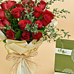 20 Red Roses Hand Bouquet and Chocolates