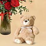 12 Red Roses in Premium Vase And Teddy