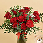 12 Red Roses in Premium Vase And Teddy