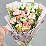 Mesmerising Flowers and Chocolates Bouquet with Teddy bear