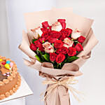 Roses Bouquet with Teddy Birthday Chocolate Cake