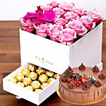 كومبو أزهار وردية في صندوق فاخر مع شوكولاتة فيريرو وكيك فدج