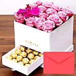 كومبو أزهار وردية في صندوق فاخر مع شوكولاتة فيريرو وكرت
