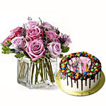 MNM Chocolate Birthday Photo Cake With Purple Flowers