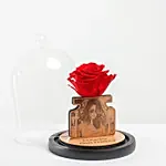وردة حمراء طويلة العمر في قبة زجاجية مع صورة قابلة للتعديل