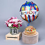 Personalised vase with floral arrangement With Cake & Balloon