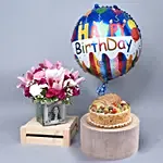 Personalised vase with floral arrangement With Cake & Balloon