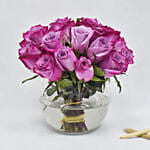 Purple Roses in Glass Bowl