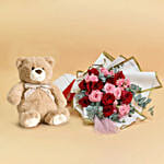 Red and Pink Roses Beauty Bouquet and Teddy